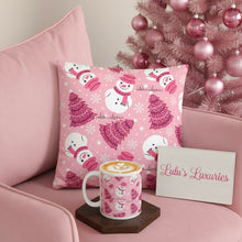 Load image into Gallery viewer, 'Pinkmas Tree and Snowman' Pink & White Basic Throw Pillow