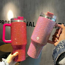 Load image into Gallery viewer, 40oz Rhinestone Embellished Coffee or Water Tumbler With Handle, Lid, & Straw