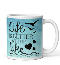 Load image into Gallery viewer, 'Life Is Better At The Lake' Beach Blue & White Glossy Mug