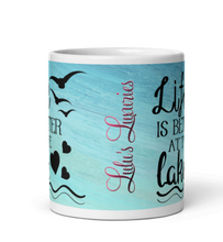 Load image into Gallery viewer, 'Life Is Better At The Lake' Beach Blue & White Glossy Mug