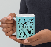 Load image into Gallery viewer, 'Life Is Better At The Lake' Beach Blue & White Glossy Mug