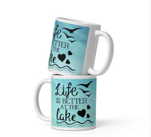Load image into Gallery viewer, 'Life Is Better At The Lake' Beach Blue & White Glossy Mug