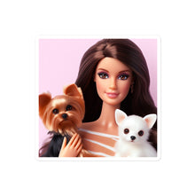 Load image into Gallery viewer, 'Brunette Barbie Girl With Yorkie & Chihuahua Pups' Bubble-Free Stickers