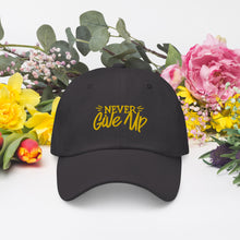 Load image into Gallery viewer, 'Never Give Up' Gold Embroidered Dad Hat
