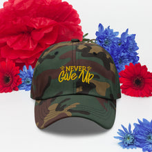 Load image into Gallery viewer, 'Never Give Up' Gold Embroidered Dad Hat