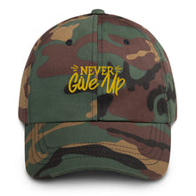 Load image into Gallery viewer, 'Never Give Up' Gold Embroidered Dad Hat
