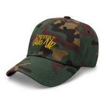 Load image into Gallery viewer, 'Never Give Up' Gold Embroidered Dad Hat