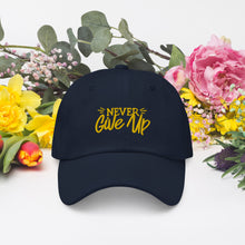 Load image into Gallery viewer, 'Never Give Up' Gold Embroidered Dad Hat