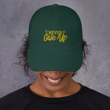 Load image into Gallery viewer, 'Never Give Up' Gold Embroidered Dad Hat