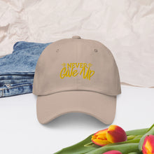 Load image into Gallery viewer, 'Never Give Up' Gold Embroidered Dad Hat