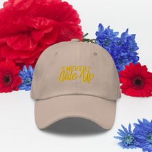 Load image into Gallery viewer, 'Never Give Up' Gold Embroidered Dad Hat