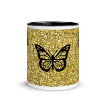 Load image into Gallery viewer, 'Gold Glitter Print with Butterflies' Mug with Color Inside