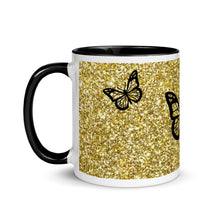 Load image into Gallery viewer, 'Gold Glitter Print with Butterflies' Mug with Color Inside