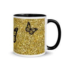 Load image into Gallery viewer, 'Gold Glitter Print with Butterflies' Mug with Color Inside