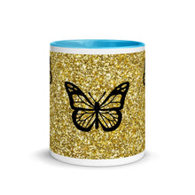 Load image into Gallery viewer, 'Gold Glitter Print with Butterflies' Mug with Color Inside