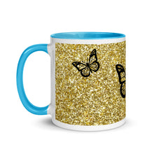 Load image into Gallery viewer, 'Gold Glitter Print with Butterflies' Mug with Color Inside