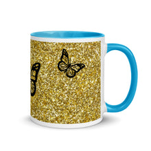 Load image into Gallery viewer, 'Gold Glitter Print with Butterflies' Mug with Color Inside