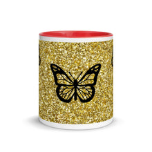 Load image into Gallery viewer, 'Gold Glitter Print with Butterflies' Mug with Color Inside