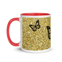 Load image into Gallery viewer, 'Gold Glitter Print with Butterflies' Mug with Color Inside