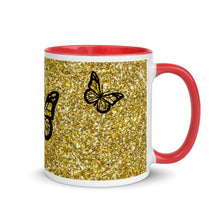 Load image into Gallery viewer, 'Gold Glitter Print with Butterflies' Mug with Color Inside
