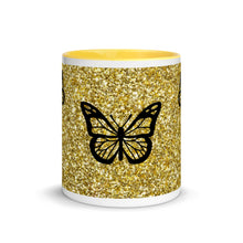 Load image into Gallery viewer, 'Gold Glitter Print with Butterflies' Mug with Color Inside