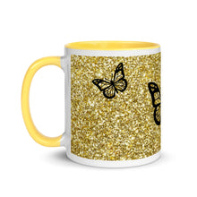 Load image into Gallery viewer, 'Gold Glitter Print with Butterflies' Mug with Color Inside