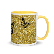 Load image into Gallery viewer, 'Gold Glitter Print with Butterflies' Mug with Color Inside