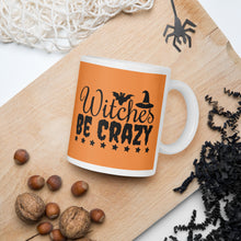 Load image into Gallery viewer, 'Witches Be Crazy' Orange and White Glossy Halloween Mug