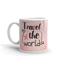 Load image into Gallery viewer, 'Travel The World - Rose Gold Pink Sparkle Print' Mug
