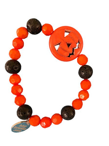 Handmade Jack O Lantern Lava Stone & Orange Bead Stretchy Bracelet