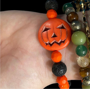 Handmade Jack O Lantern Lava Stone & Orange Bead Stretchy Bracelet