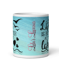 Load image into Gallery viewer, &#39;Life Is Better At The Lake&#39; Beach Blue &amp; White Glossy Mug
