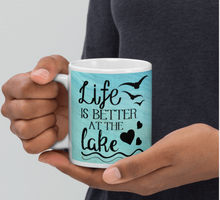 Load image into Gallery viewer, &#39;Life Is Better At The Lake&#39; Beach Blue &amp; White Glossy Mug
