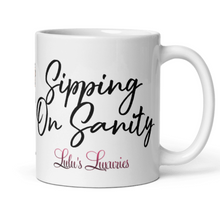 Load image into Gallery viewer, &#39;Peace, Love &amp; Coffee Sipping On Sanity&#39; White Glossy Mug
