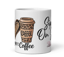 Load image into Gallery viewer, &#39;Peace, Love &amp; Coffee Sipping On Sanity&#39; White Glossy Mug
