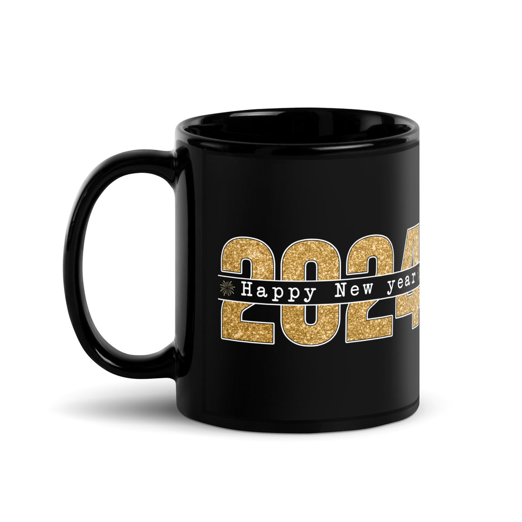 'Happy New Year' Gold Sparkle Black Glossy Mug