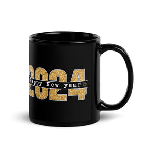 'Happy New Year' Gold Sparkle Black Glossy Mug