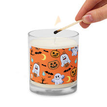 Load image into Gallery viewer, &#39;Halloween Ghosts, Bats, and Jack-O-Lanterns Orange &amp; White&#39; Glass Jar Soy Wax Candle
