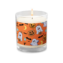 Load image into Gallery viewer, &#39;Halloween Ghosts, Bats, and Jack-O-Lanterns Orange &amp; White&#39; Glass Jar Soy Wax Candle
