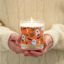 Load image into Gallery viewer, &#39;Halloween Ghosts, Bats, and Jack-O-Lanterns Orange &amp; White&#39; Glass Jar Soy Wax Candle
