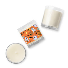 Load image into Gallery viewer, &#39;Halloween Ghosts, Bats, and Jack-O-Lanterns Orange &amp; White&#39; Glass Jar Soy Wax Candle
