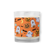 Load image into Gallery viewer, &#39;Halloween Ghosts, Bats, and Jack-O-Lanterns Orange &amp; White&#39; Glass Jar Soy Wax Candle
