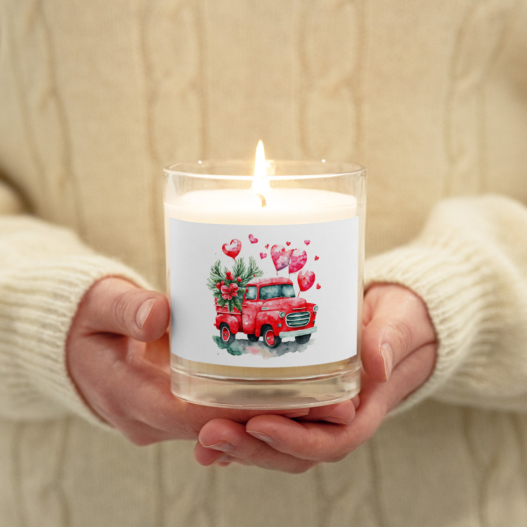 'Red Vintage Truck With Hearts' Glass Jar Soy Wax Candle