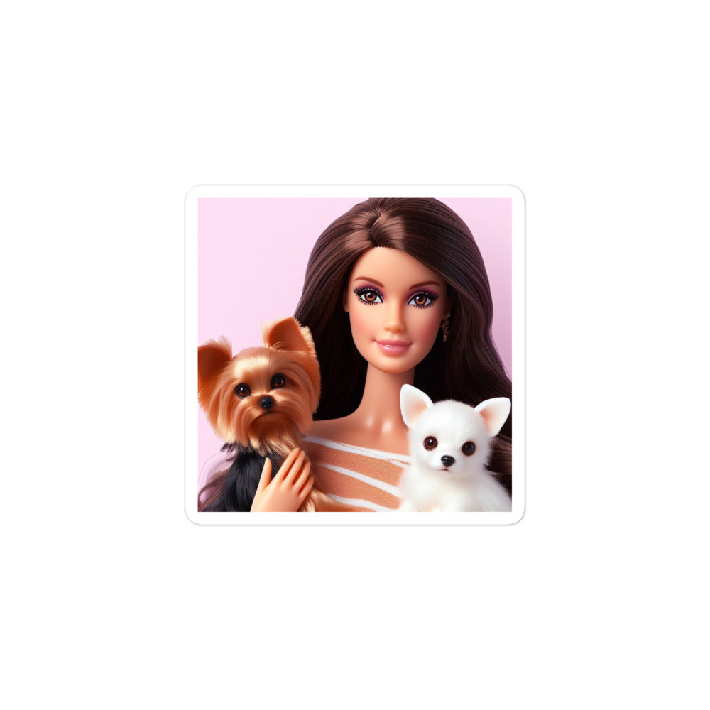 'Brunette Barbie Girl With Yorkie & Chihuahua Pups' Bubble-Free Stickers