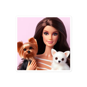 'Brunette Barbie Girl With Yorkie & Chihuahua Pups' Bubble-Free Stickers