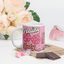 Load image into Gallery viewer, &#39;Feeling Lucky&#39; White &amp; Pink Glossy Mug
