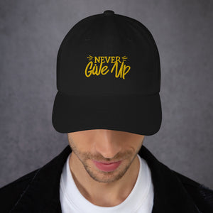 'Never Give Up' Gold Embroidered Dad Hat