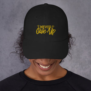 'Never Give Up' Gold Embroidered Dad Hat