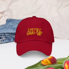 Load image into Gallery viewer, &#39;Never Give Up&#39; Gold Embroidered Dad Hat
