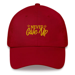 'Never Give Up' Gold Embroidered Dad Hat